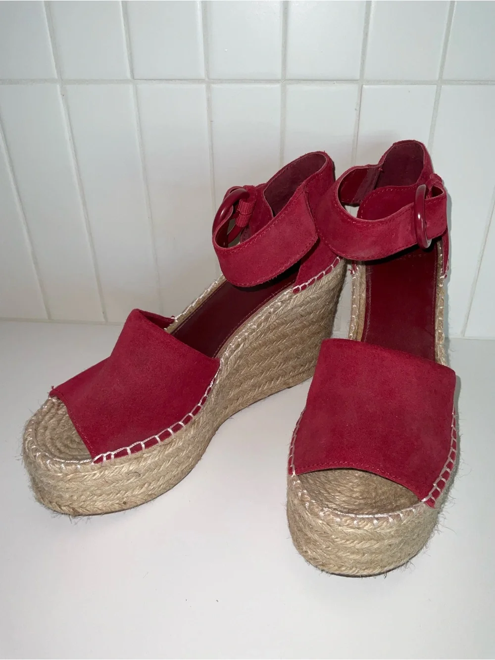 Marc Fisher Red Suede Espadrille Wedge Sandals with Ankle Buckle